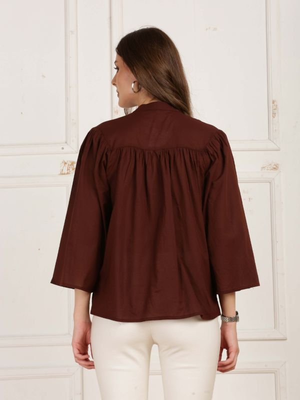 Globus Women Brown Mandarin Collar Bell Sleeves Gathered Lace Insert Top