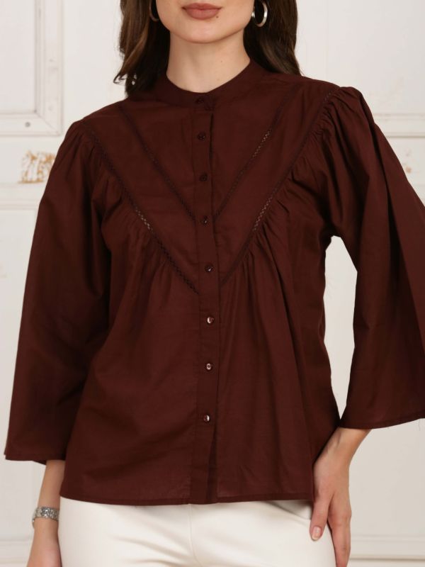 Globus Women Brown Mandarin Collar Bell Sleeves Gathered Lace Insert Top