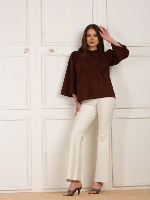 Globus Women Brown Mandarin Collar Bell Sleeves Gathered Lace Insert Top