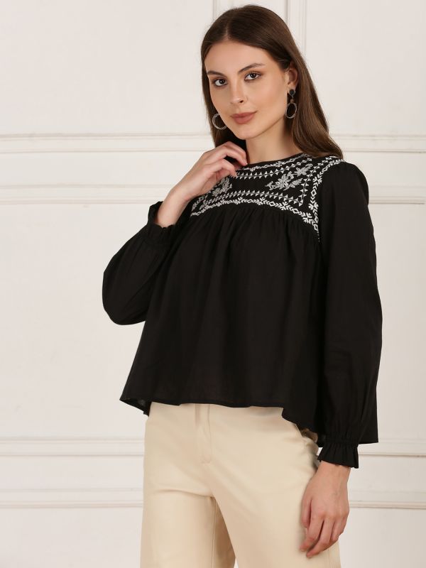 Globus Women Black Round Neck Bishop Sleeves Embroidered Gathered Detail Workwear Top