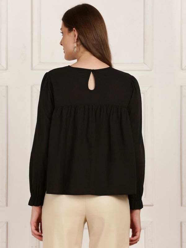 Globus Women Black Round Neck Bishop Sleeves Embroidered Gathered Detail Workwear Top