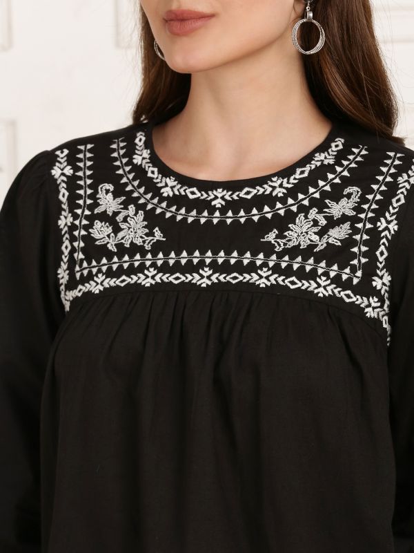 Globus Women Black Round Neck Bishop Sleeves Embroidered Gathered Detail Workwear Top