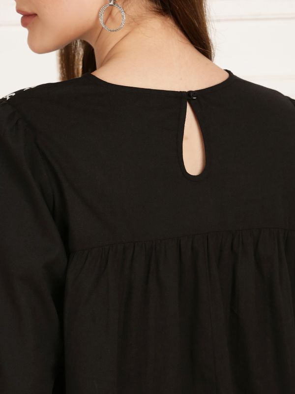 Globus Women Black Round Neck Bishop Sleeves Embroidered Gathered Detail Workwear Top