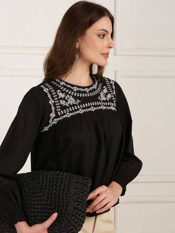 Globus Women Black Round Neck Bishop Sleeves Embroidered Gathered Detail Workwear Top