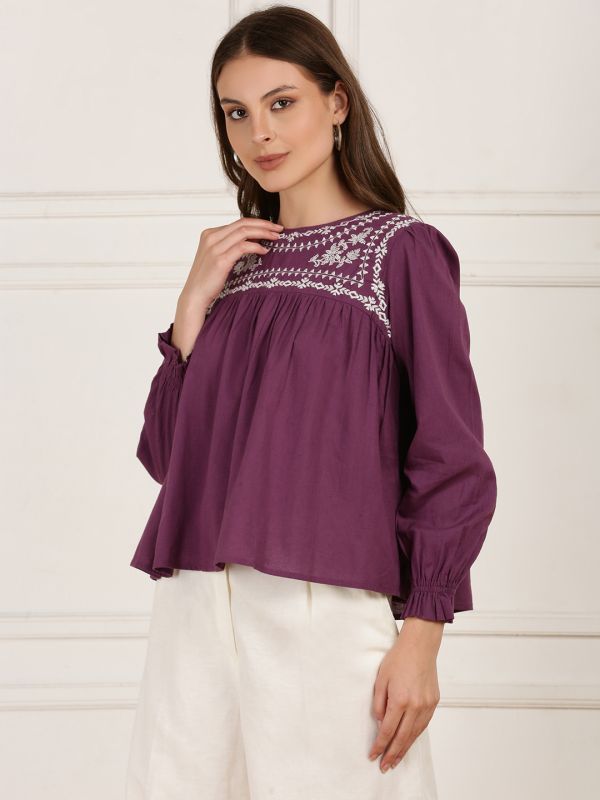 Globus Women Mauve Round Neck Bishop Sleeves Embroidered Gathered Detail Workwear Top