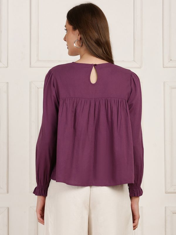 Globus Women Mauve Round Neck Bishop Sleeves Embroidered Gathered Detail Workwear Top