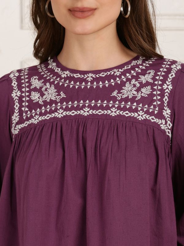 Globus Women Mauve Round Neck Bishop Sleeves Embroidered Gathered Detail Workwear Top