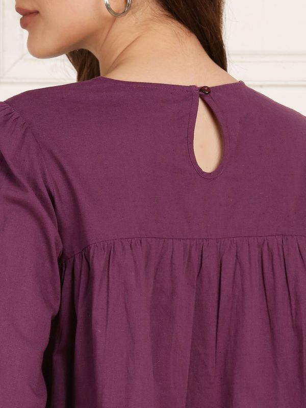 Globus Women Mauve Round Neck Bishop Sleeves Embroidered Gathered Detail Workwear Top