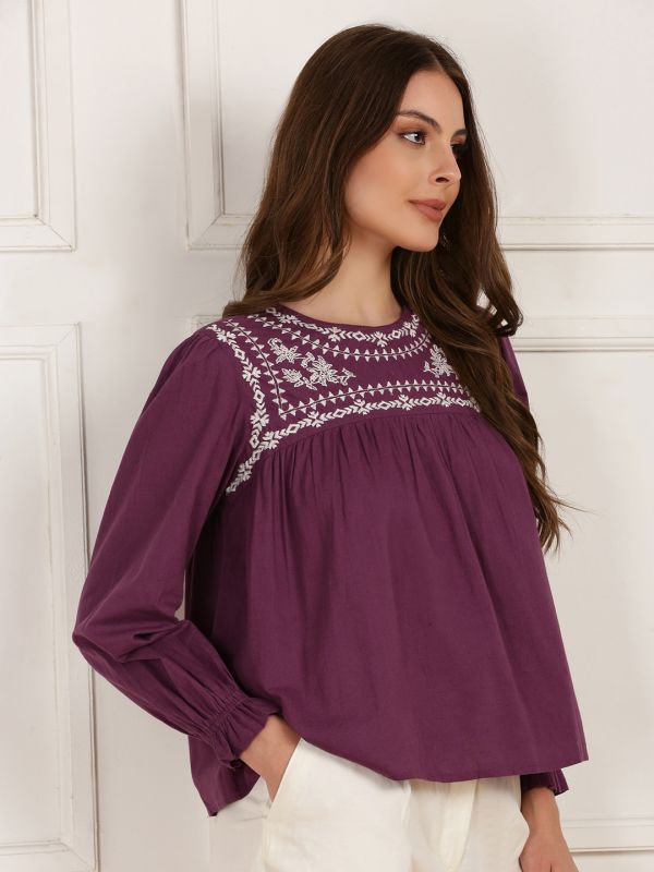 Globus Women Mauve Round Neck Bishop Sleeves Embroidered Gathered Detail Workwear Top