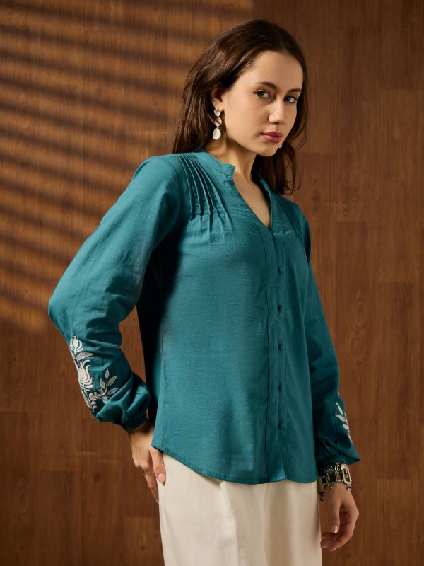 Globus Women Teal Mandarin V-neck Embroidered Bishop Sleeves Pleated Detail Top