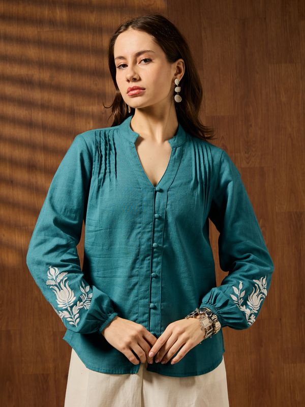 Globus Women Teal Mandarin V-neck Embroidered Bishop Sleeves Pleated Detail Top