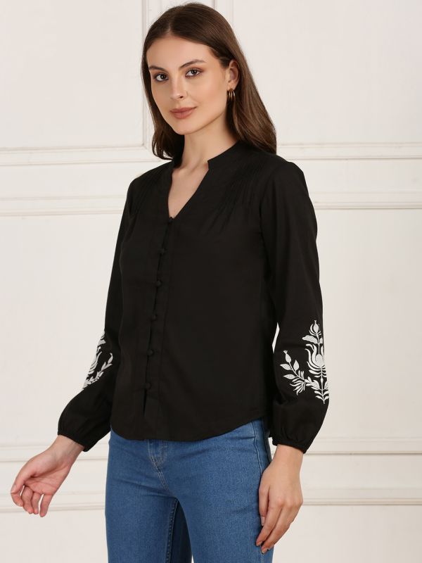 Globus Women Black Mandarin V-Neck Embroidered Bishop Sleeves Pleated Detail Top