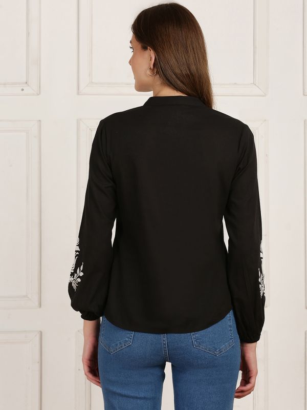 Globus Women Black Mandarin V-Neck Embroidered Bishop Sleeves Pleated Detail Top