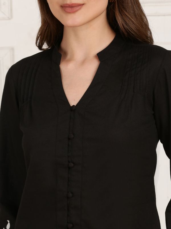 Globus Women Black Mandarin V-Neck Embroidered Bishop Sleeves Pleated Detail Top