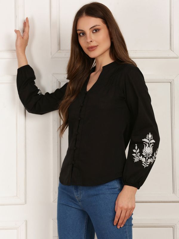 Globus Women Black Mandarin V-Neck Embroidered Bishop Sleeves Pleated Detail Top
