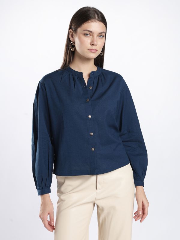 Globus Women Blue Mandarin Collar Long Sleeves Solid Shirt Style Workwear Top