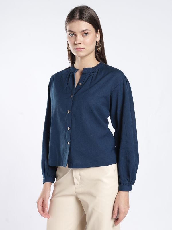 Globus Women Blue Mandarin Collar Long Sleeves Solid Shirt Style Workwear Top