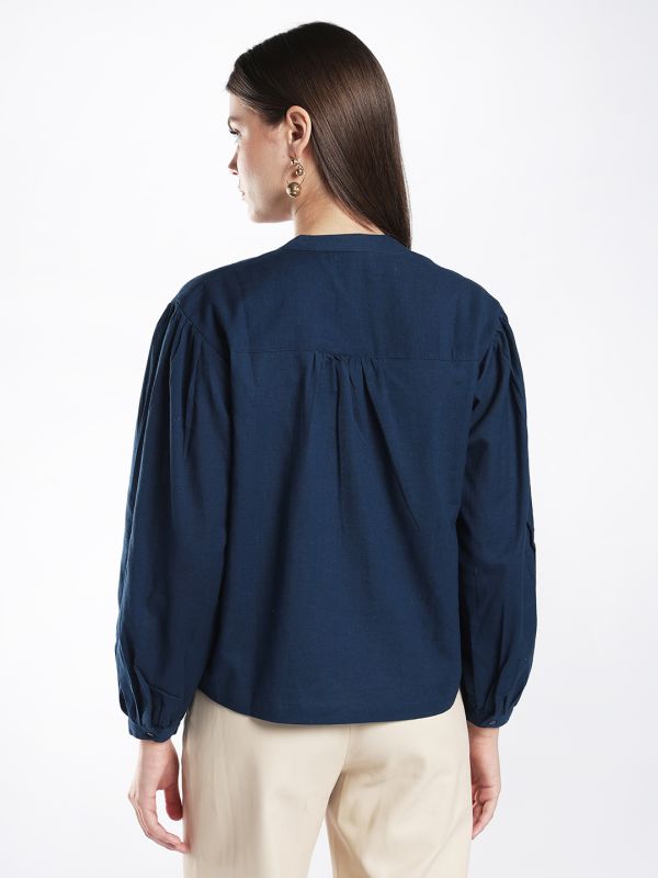 Globus Women Blue Mandarin Collar Long Sleeves Solid Shirt Style Workwear Top