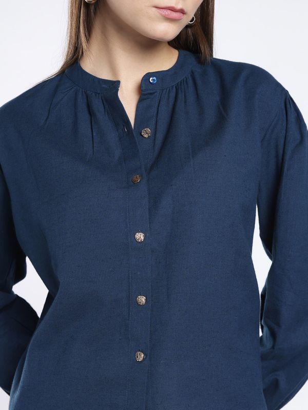 Globus Women Blue Mandarin Collar Long Sleeves Solid Shirt Style Workwear Top