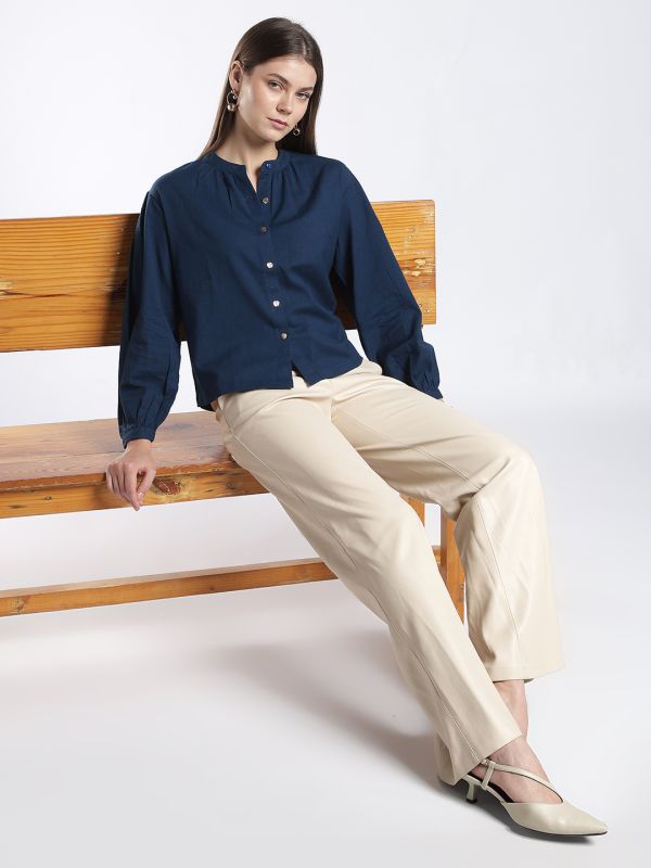 Globus Women Blue Mandarin Collar Long Sleeves Solid Shirt Style Workwear Top