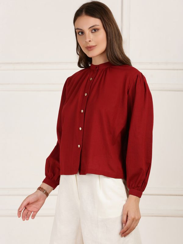 Globus Women Maroon Band Collar Puff Sleeves Button Detail Workwear Top