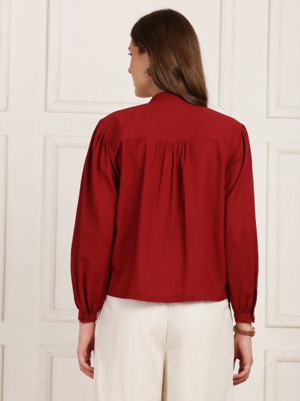 Globus Women Maroon Band Collar Puff Sleeves Button Detail Workwear Top