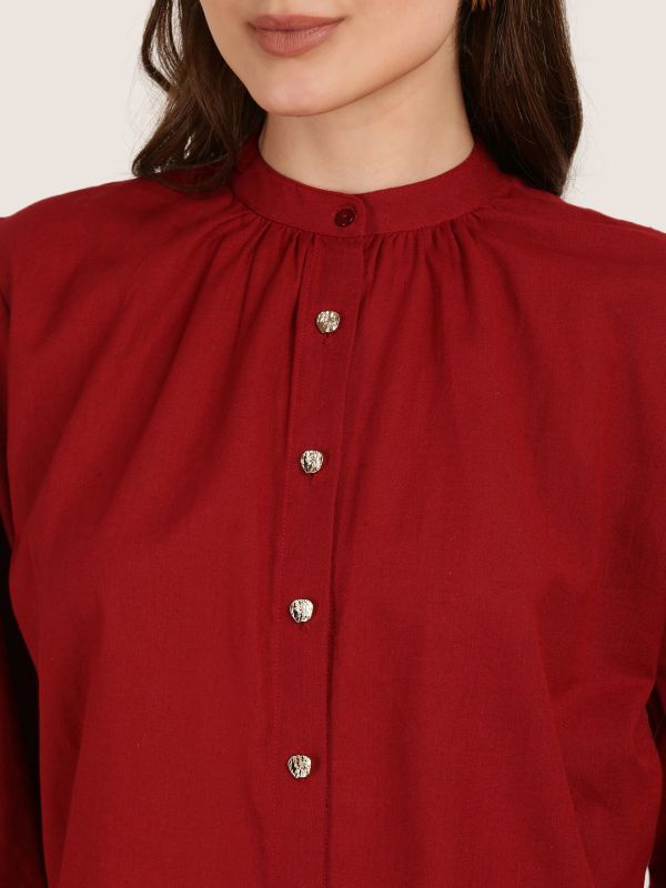Globus Women Maroon Band Collar Puff Sleeves Button Detail Workwear Top