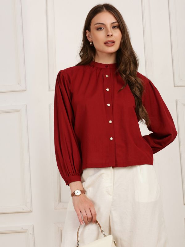 Globus Women Maroon Band Collar Puff Sleeves Button Detail Workwear Top