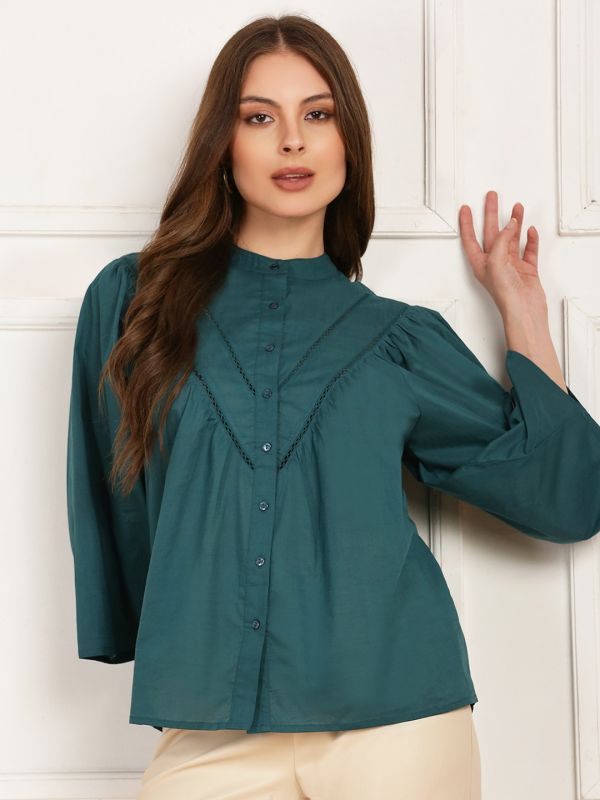 Globus Women Teal Mandarin Collar Kimono Sleeves Lace Insert Shirt Style Top
