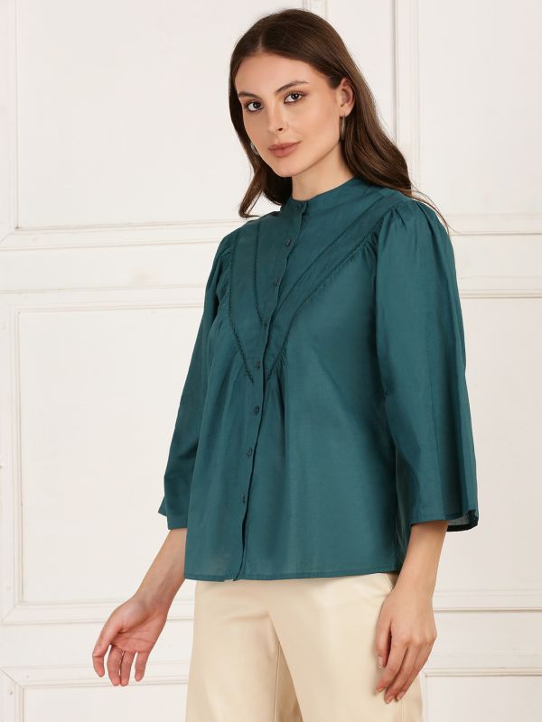 Globus Women Teal Mandarin Collar Kimono Sleeves Lace Insert Shirt Style Top