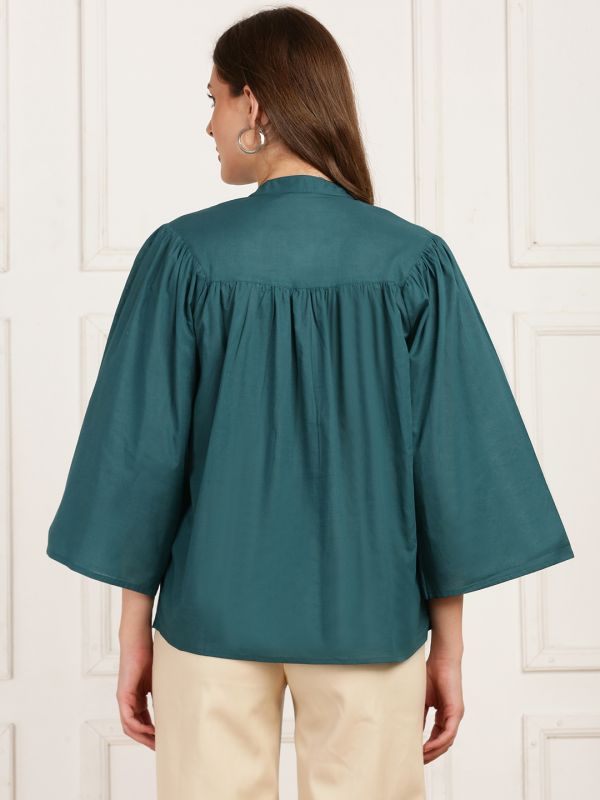 Globus Women Teal Mandarin Collar Kimono Sleeves Lace Insert Shirt Style Top