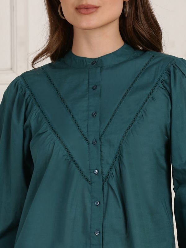 Globus Women Teal Mandarin Collar Kimono Sleeves Lace Insert Shirt Style Top