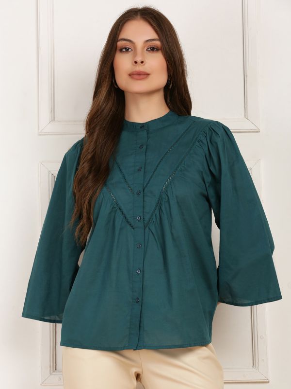 Globus Women Teal Mandarin Collar Kimono Sleeves Lace Insert Shirt Style Top