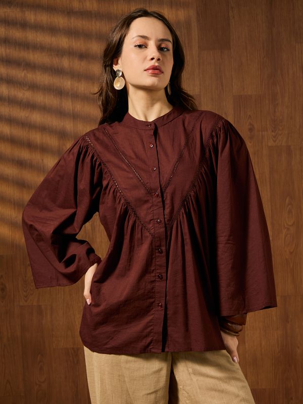 Globus Women Brown Mandarin Collar Kimono Sleeves Lace Insert Detail Top