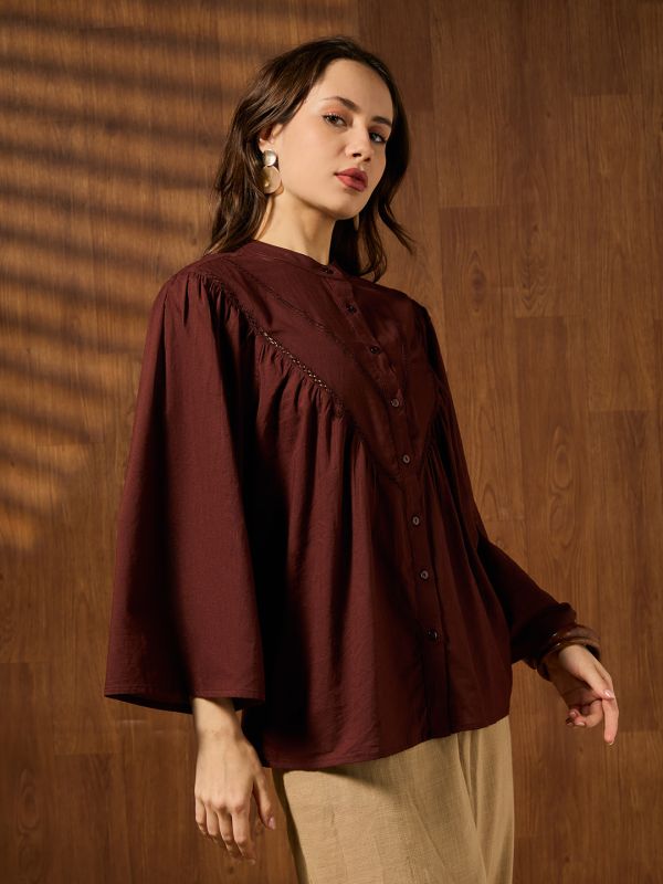 Globus Women Brown Mandarin Collar Kimono Sleeves Lace Insert Detail Top