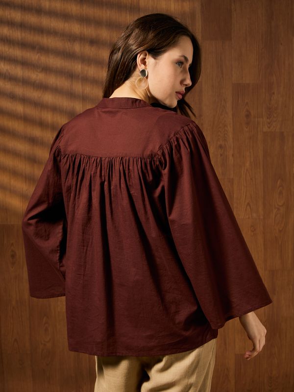 Globus Women Brown Mandarin Collar Kimono Sleeves Lace Insert Detail Top