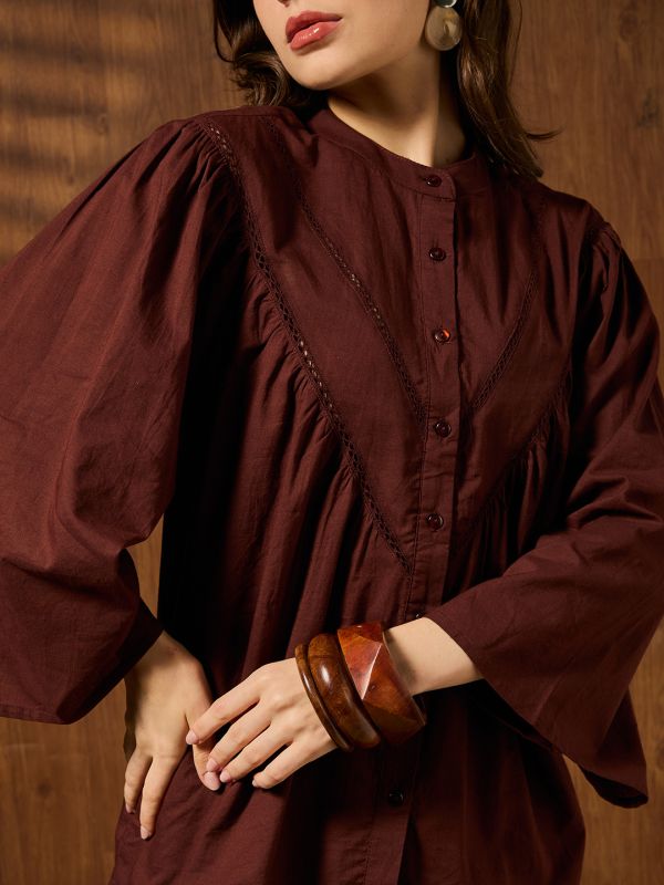 Globus Women Brown Mandarin Collar Kimono Sleeves Lace Insert Detail Top