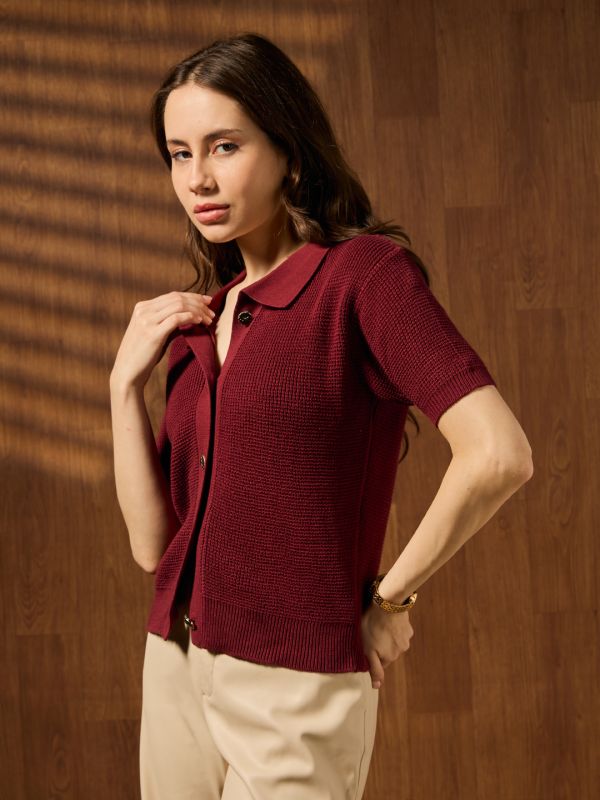 Globus Women Maroon Collared Neck Short Sleeves Self Design Knitted Party Wear Top