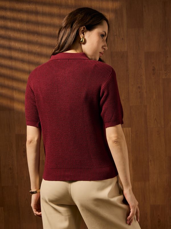 Globus Women Maroon Collared Neck Short Sleeves Self Design Knitted Party Wear Top