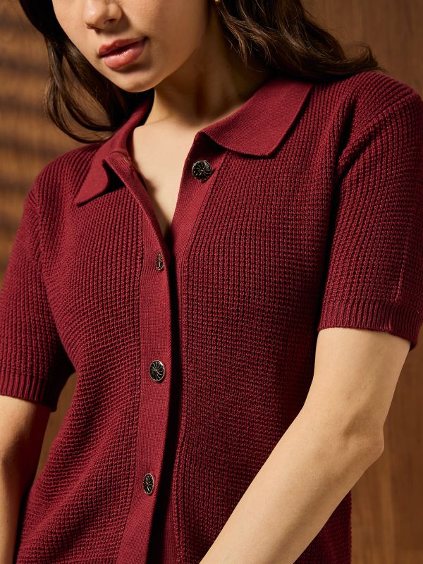 Globus Women Maroon Collared Neck Short Sleeves Self Design Knitted Party Wear Top