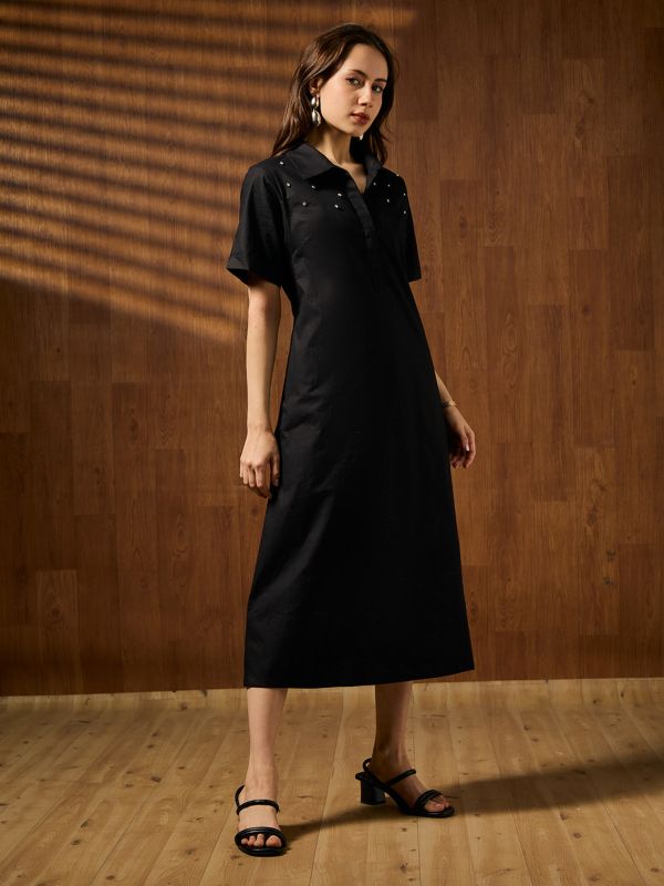 Globus Women Black Shirt Collar Short Sleeves Embellished A-line Midi Cotton Party Dress