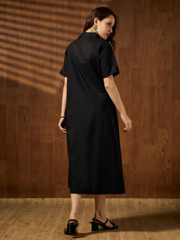 Globus Women Black Shirt Collar Short Sleeves Embellished A-line Midi Cotton Party Dress