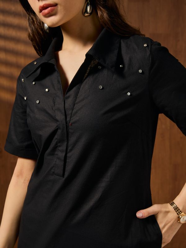 Globus Women Black Shirt Collar Short Sleeves Embellished A-line Midi Cotton Party Dress