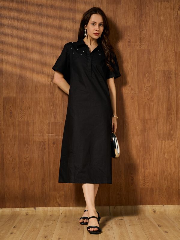 Globus Women Black Shirt Collar Short Sleeves Embellished A-line Midi Cotton Party Dress