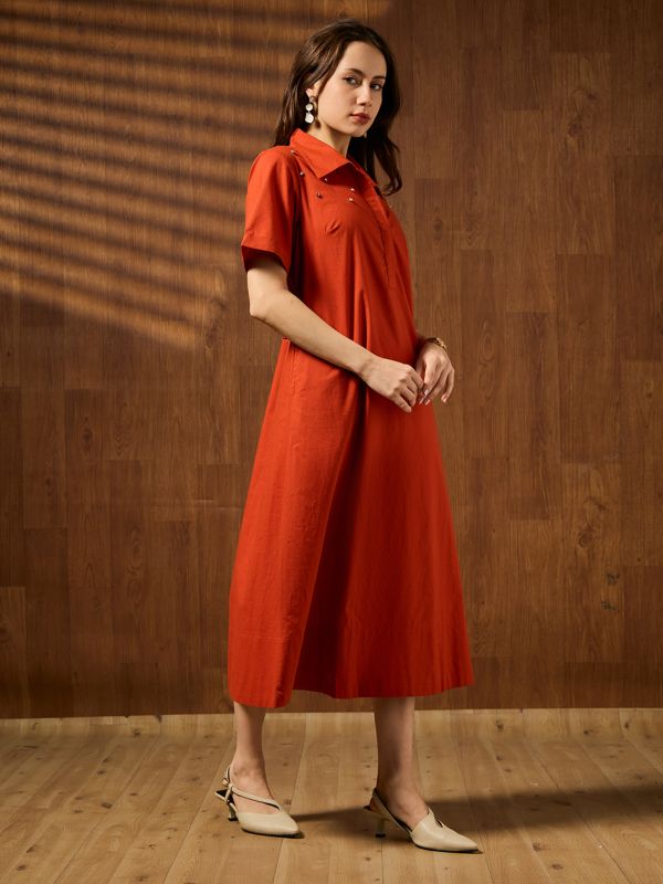 Globus Women Rust Shirt Collar Short Sleeves Embellished A-line Midi Cotton Party Dress