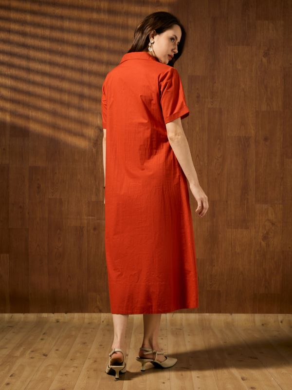 Globus Women Rust Shirt Collar Short Sleeves Embellished A-line Midi Cotton Party Dress