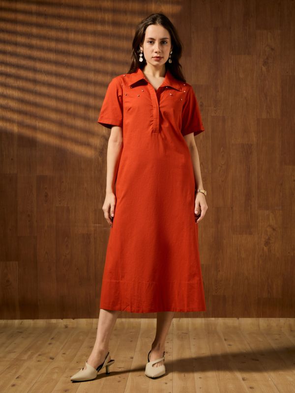 Globus Women Rust Shirt Collar Short Sleeves Embellished A-line Midi Cotton Party Dress