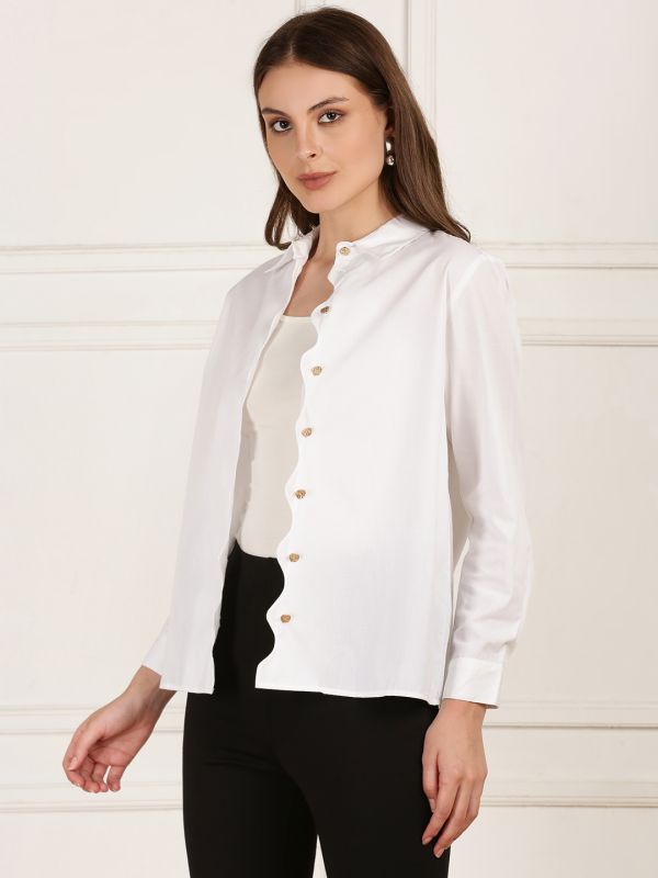 Globus Women White Collared Neck Scalloped Button Placket Cuffed Sleeves Straight Hem Party Shirt