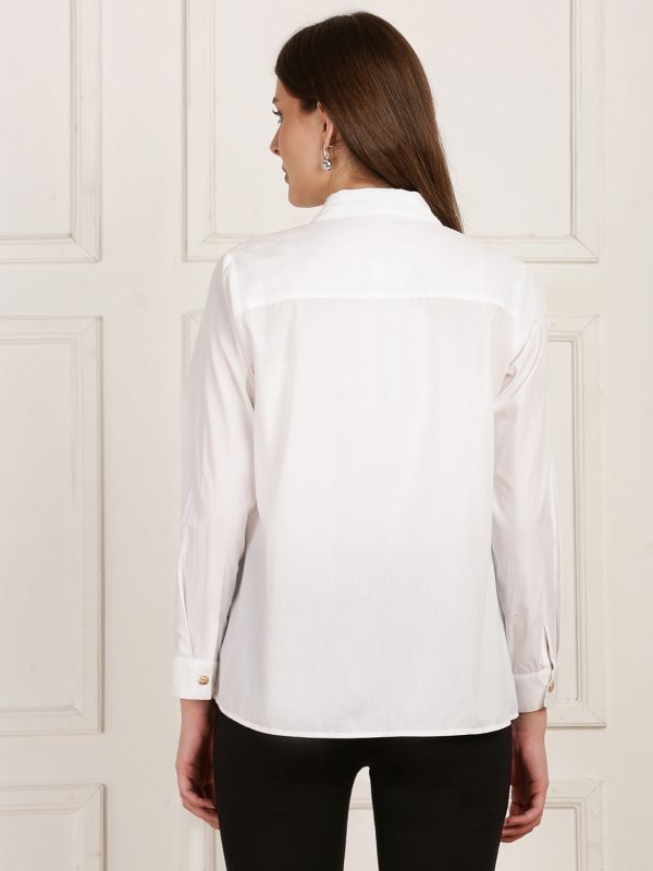 Globus Women White Collared Neck Scalloped Button Placket Cuffed Sleeves Straight Hem Party Shirt