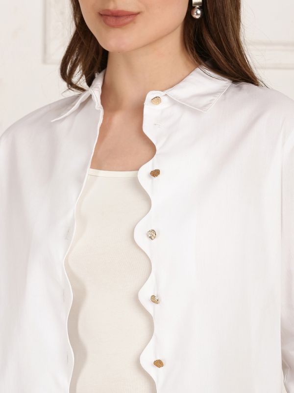Globus Women White Collared Neck Scalloped Button Placket Cuffed Sleeves Straight Hem Party Shirt